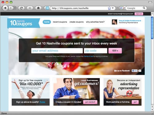 10Coupons consumer homepage with weekly email signup