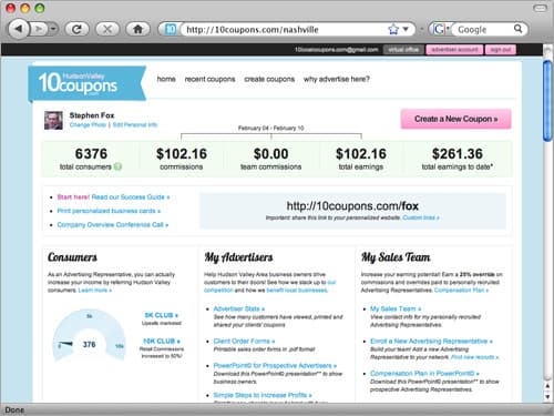 Advertising representative dashboard with consumer and commission metrics