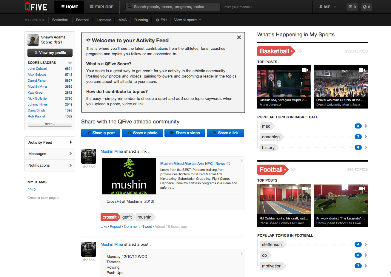 QFive dashboard for following athletes and programs