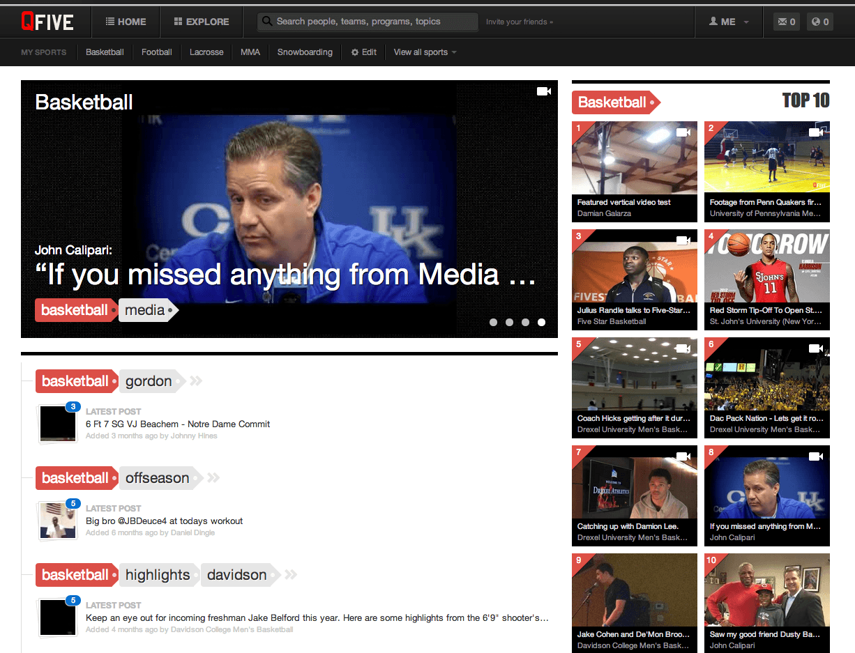 QFive home feed with featured athlete video