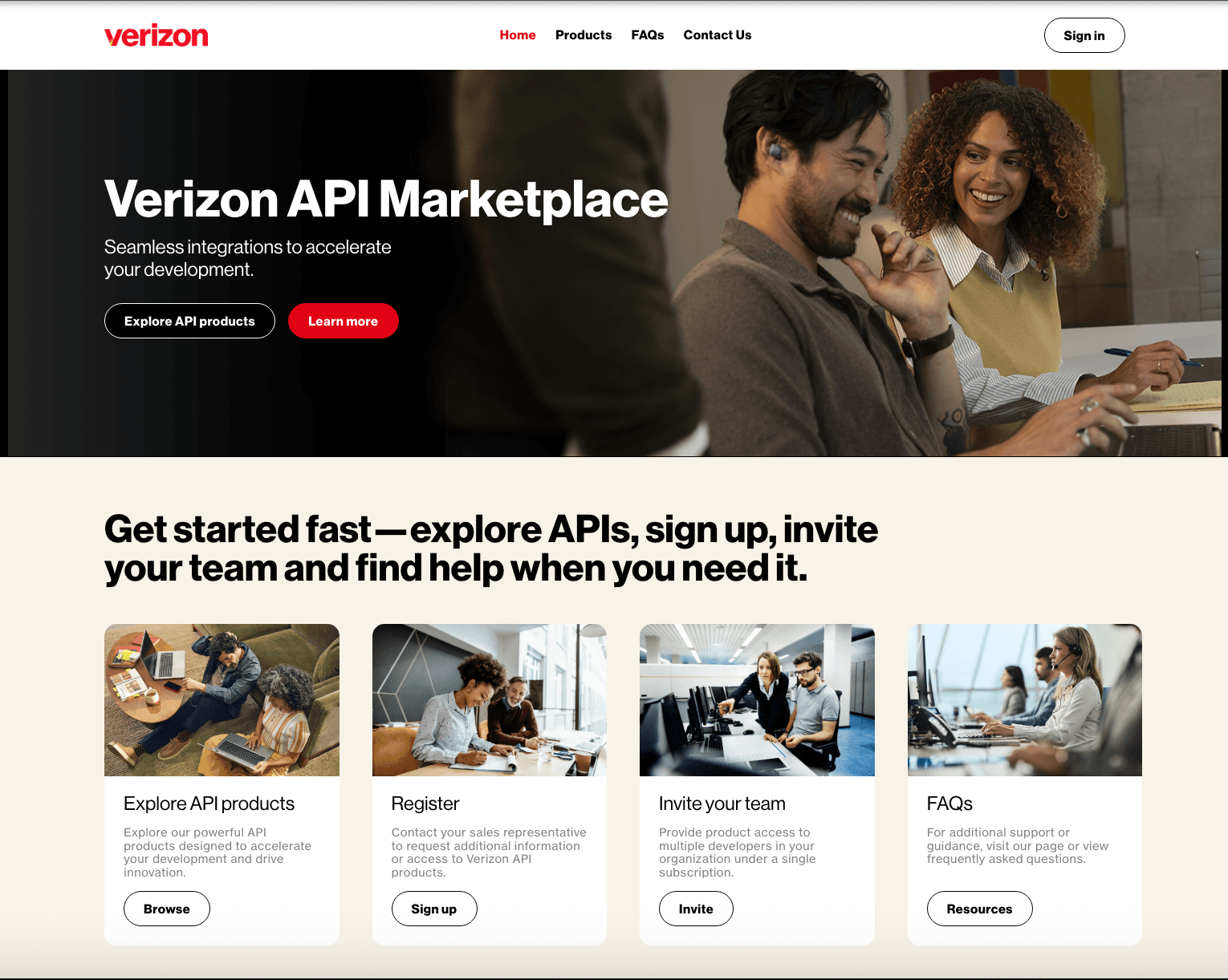 Verizon API Marketplace home