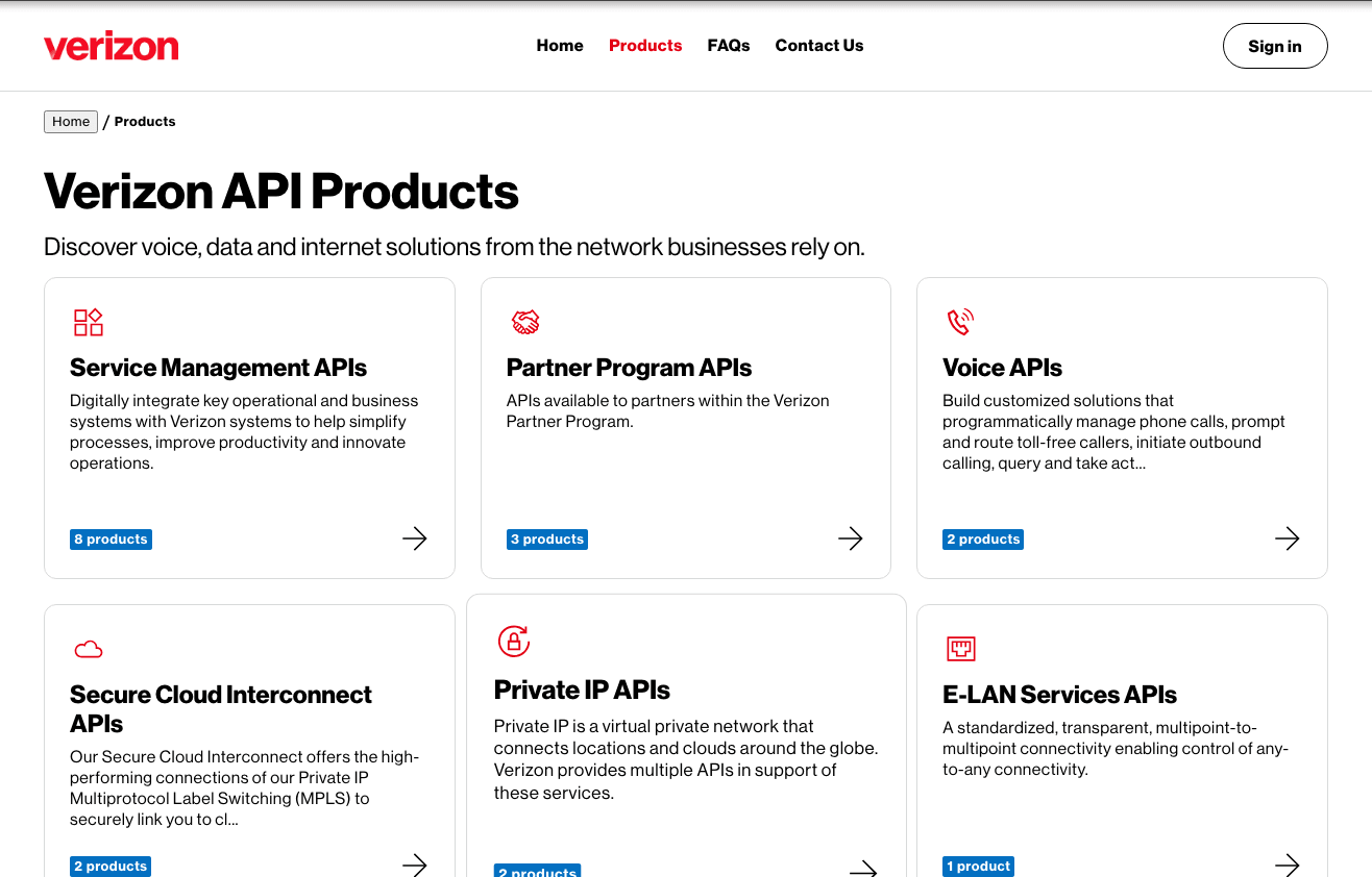 Verizon API Products catalog